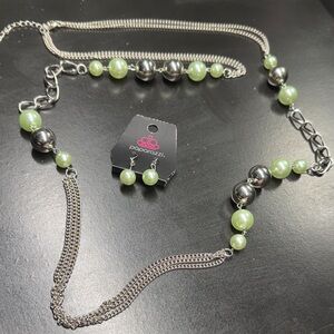 Paparazzi light Green and Silver Beaded Necklace Earrings Set XL Long Chain